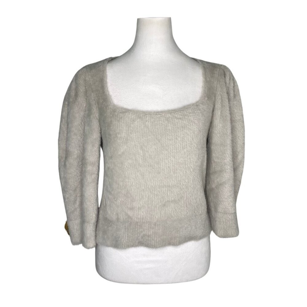 Free People Grayish White Fuzzy Sweater Puff Elbow Sleeves Soft, Medium #314